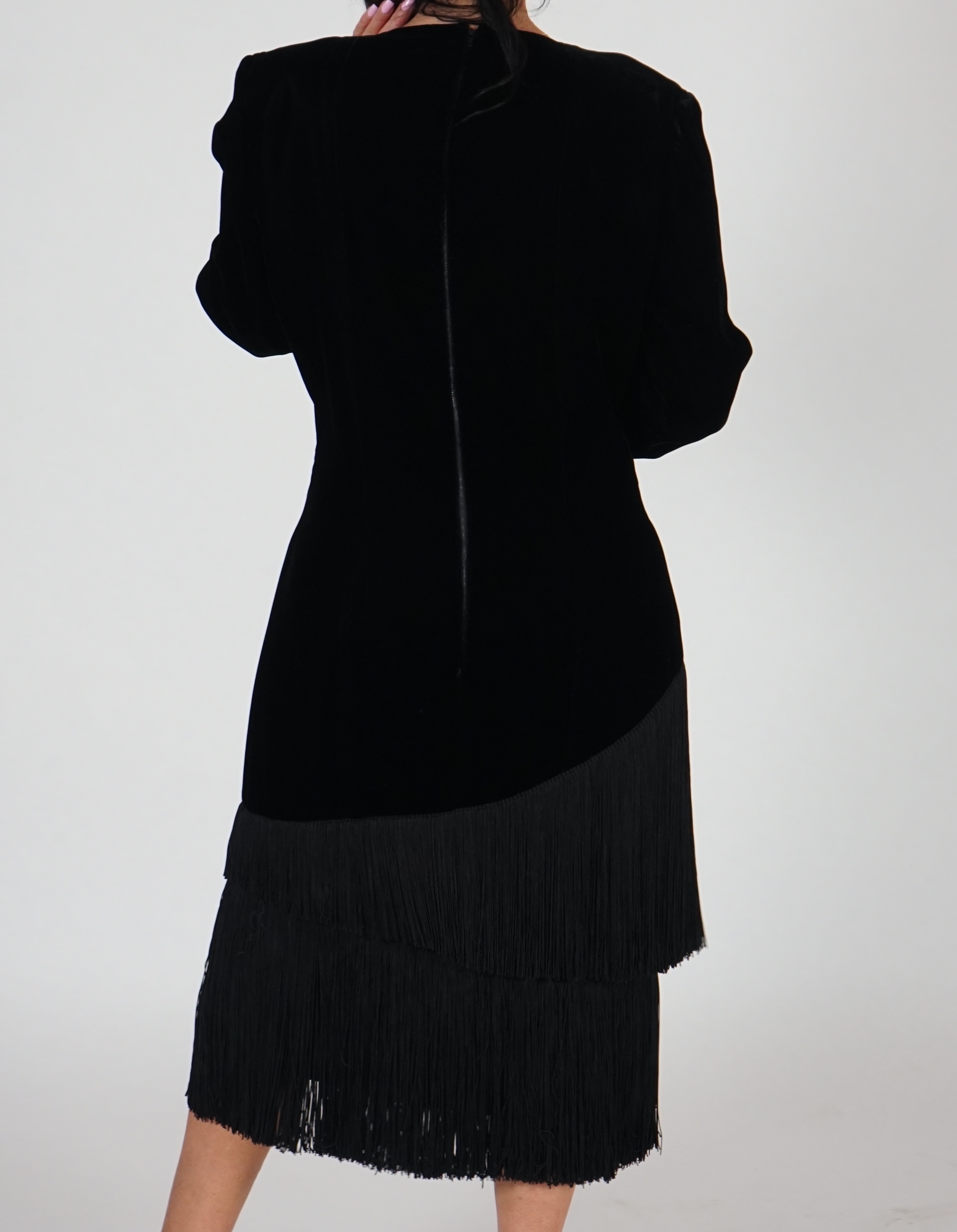 A vintage Lanvin black velvet dress with fringe, approx Medium size 12